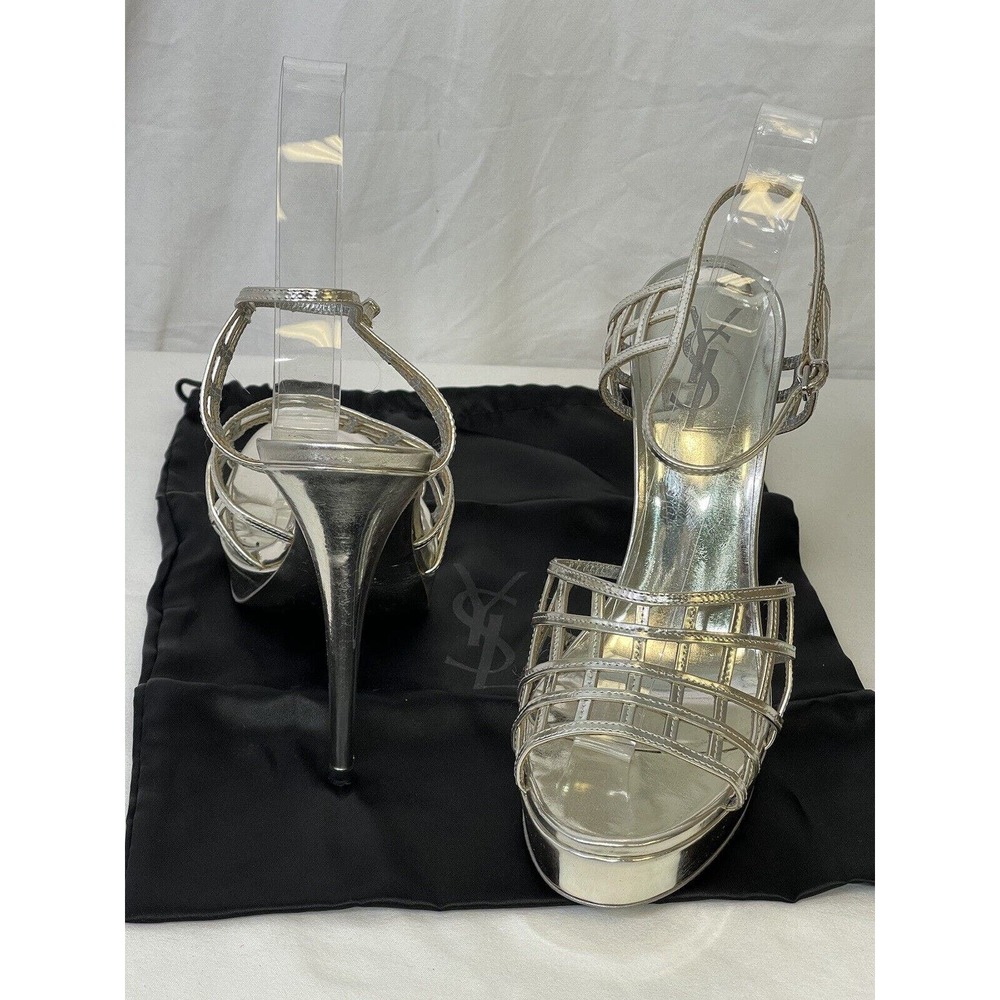 Yves Saint Laurent Rive Gauche Iconic Silver Cage Platform Sandal Heels 39